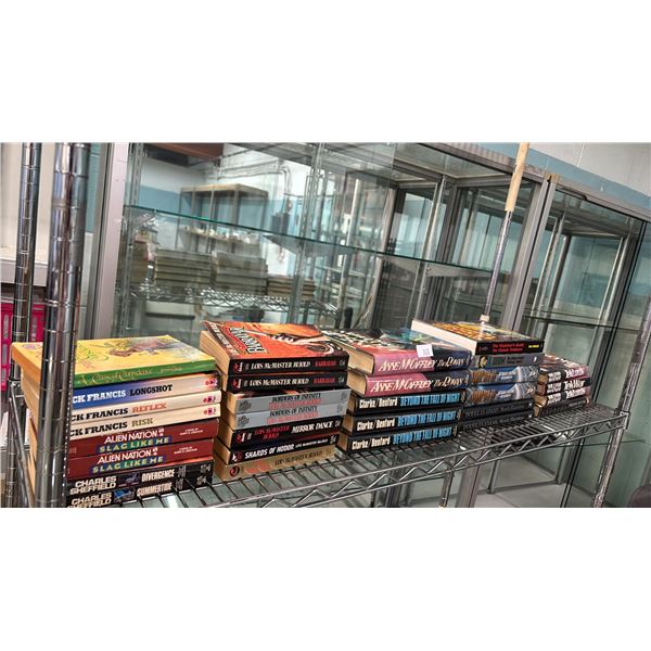 SHELF OF ASSORTED HARDCOVER & PAPERBACK SCIENCE FICTION NOVELS