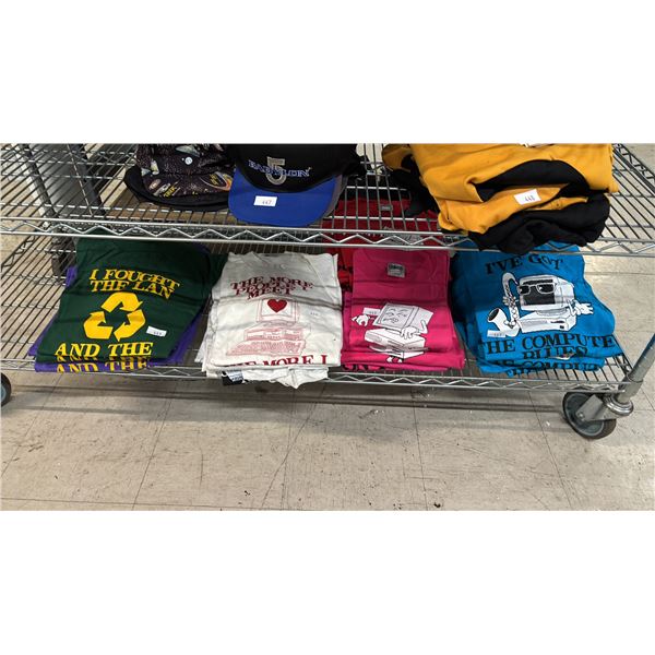 SHELF OF ASSORTED COMPUTER HUMOUR GRAPHIC T-SHIRTS: ASSORTED COLOURS, DESIGNS & SIZES