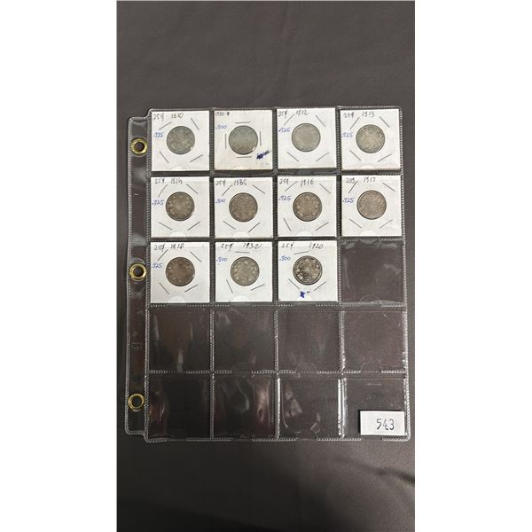 SLEEVE OF (11) 1910'S - 1930'S CANADIAN SILVER QUARTERS