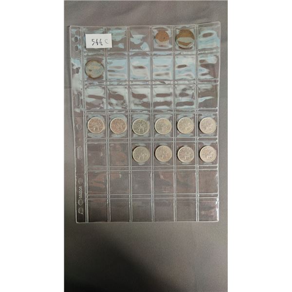 SLEEVE OF VINTAGE COINS INCLUDING CANADIAN QUARTERS & 1933 AUSTRIA HALF-PENNY, 1921 CANADIAN PENNY
