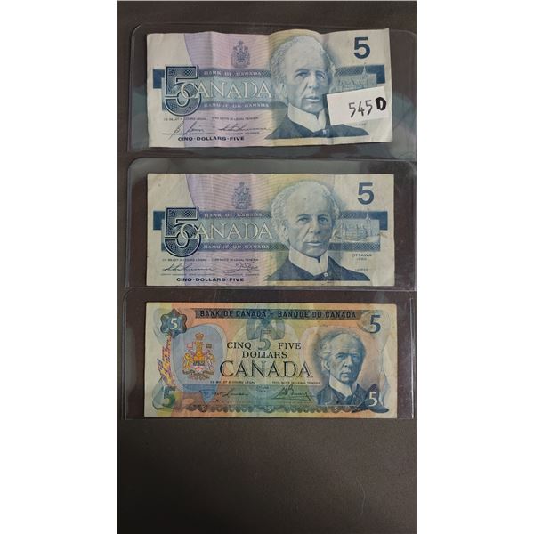(3) VINTAGE CANADIAN $5 BILLS
