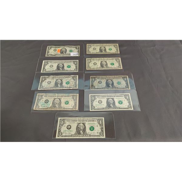 (8) VINTAGE AMERICAN $1 BILLS & (1) $2 BILL