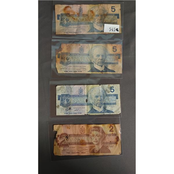 (3) VINTAGE CANADIAN $5 BILLS & (1) $2 BILL
