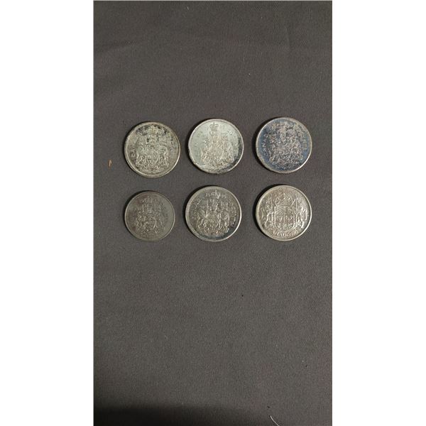(6) ASSORTED CANADIAN 50 CENT PIECES (5 SILVER)