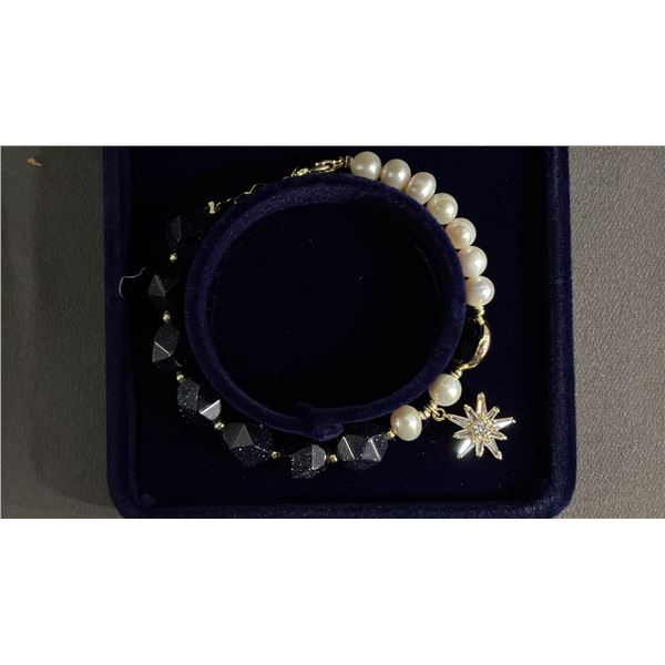 *NEW* FRESHWATER PEARL & BLUE GOLDSTONE BRACELET WITH CRYSTAL SUN CHARM