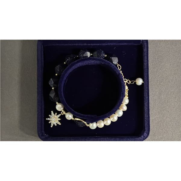 *NEW* FRESHWATER PEARL & BLUE GOLDSTONE BRACELET WITH CRYSTAL SUN CHARM