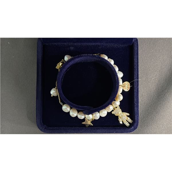 *NEW* FRESHWATER PEARL SLIDE CLOSURE BRACELET WITH CRYSTAL TEDDY BEAR CHARM