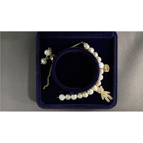 *NEW* FRESHWATER PEARL SLIDE CLOSURE BRACELET WITH CRYSTAL TEDDY BEAR CHARM - *CHAIN NEEDS REPAIR*