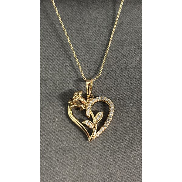 NEW 18K GOLD PLATED 26MM SIMULATED DIAMOND (CZ) ROSE HEART NECKLACE: 18" LONG CHAIN