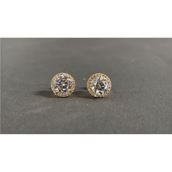 *NEW* 18K GOLD PLATED SIMULATED DIAMOND (CZ) HALO STUD EARRINGS: 2 CT EACH