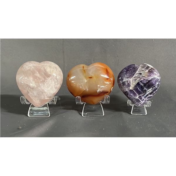 ROSE QUARTZ HEART ON STAND, CARNELIAN HEART ON STAND & AMETHYST HEART ON STAND