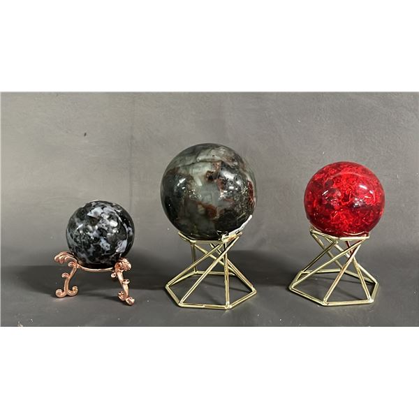 40MM INDIGO GABBRO SPHERE, 2.4" LAB RHADORITE SPHERE & 2" GLASS SPHERE: ALL WITH STANDS