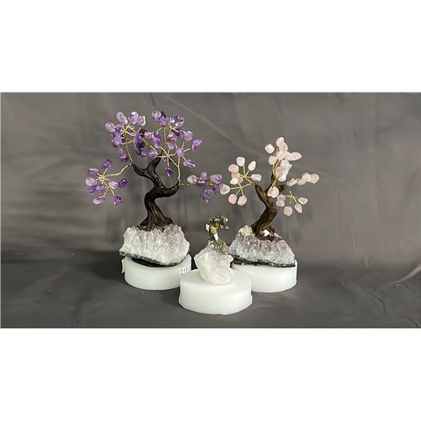 9" X 8" AMETHYST TREE, 8" X 5" ROSE QUARTZ TREE & CLEAR QUARTZ PYRITE TREE