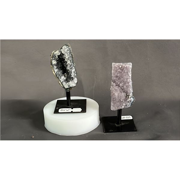 AMETHYST GEODE ON DISPLAY STAND & 4" AMETHYST CLUSTER ON DISPLAY STAND