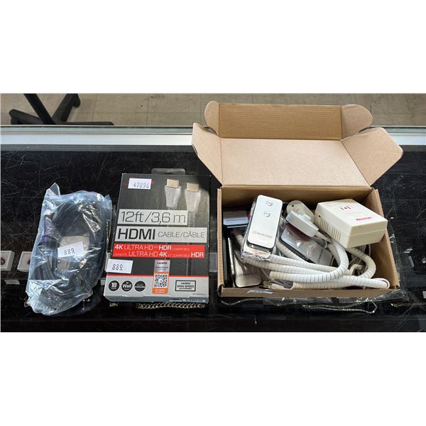 (2) HDMI CABLES & BOX OF ASSORTED CABLES, LED REMOTE CONTROLS & A 1600 WATT CONVERTER
