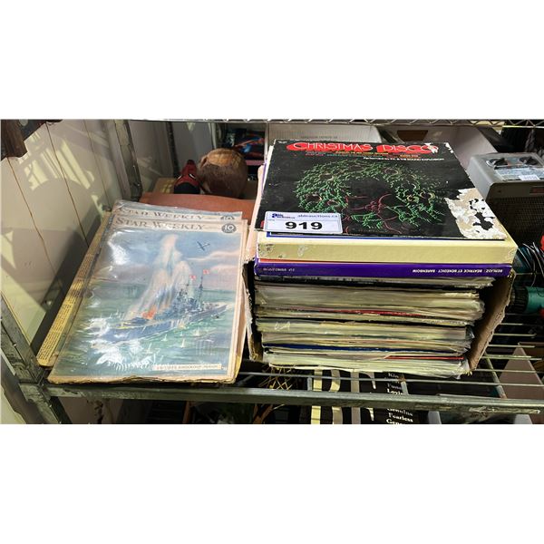 LOT OF ASSORTED ITEMS INCLUDING BOX OF RECORDS AND VINTAGE STAR WEEKLY MAGAZINES