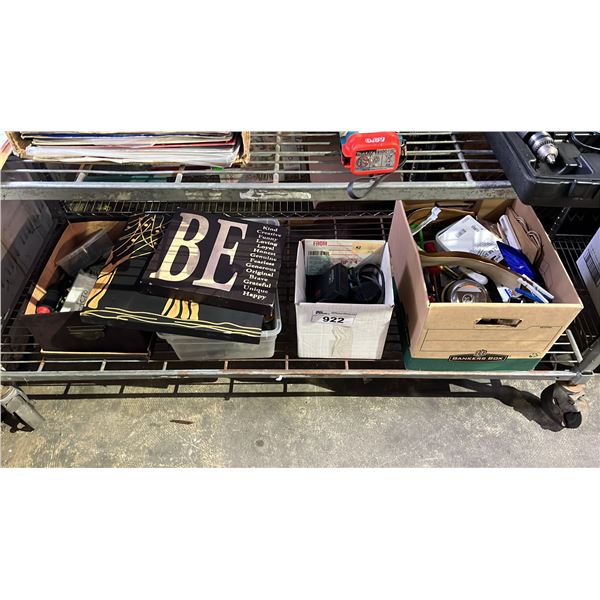 SHELF LOT OF ASSORTED ITEMS INCLUDING HAND TOOLS, CASSETTE PLAYER, WALL SIGNS AND MORE