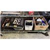 Image 1 : SHELF LOT OF ASSORTED ITEMS INCLUDING HAND TOOLS, CASSETTE PLAYER, WALL SIGNS AND MORE