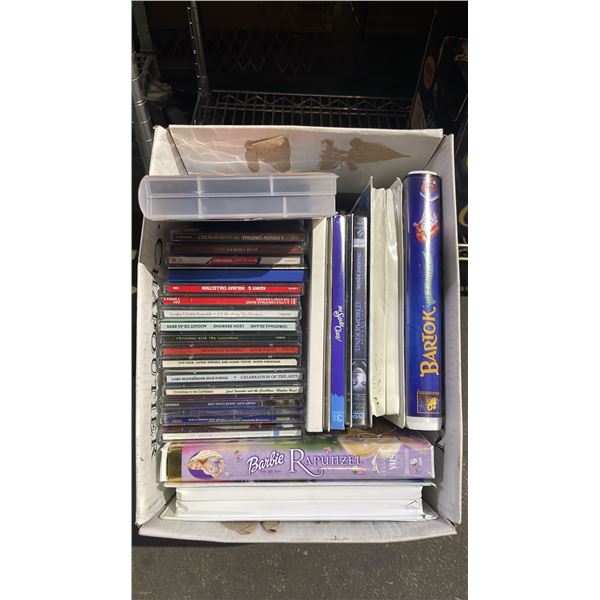 BOX OF ASSORTED DVD'S, VHS AND CD'S