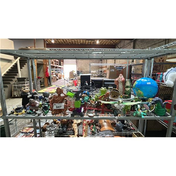 SHELF LOT OF ASSORTED TOYS, SCULPTURES, FIGURES AND MORE