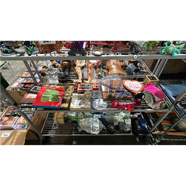 SHELF LOT OF ASSORTED ITEMS INCLUDING WALL ART, JEWELLERY DISPLAY AND MORE