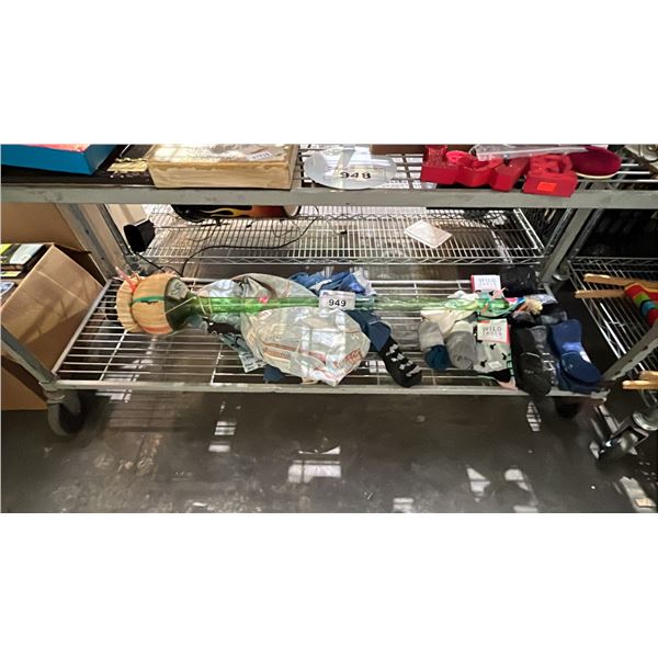 SHELF LOT OF ASSORTED ITEMS INCLUDING WILD FEET SOCKS, VINTAGE ITALIAN CHIANTI WINE BOTTLE AND MORE