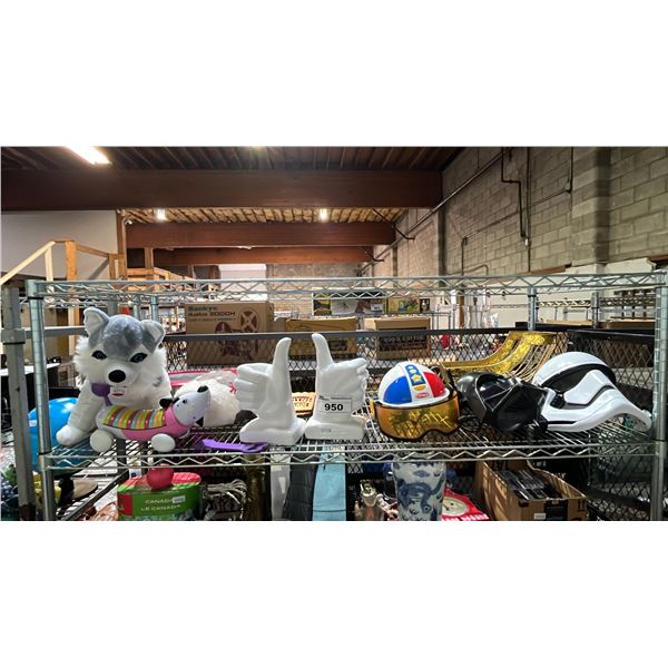 SHELF LOT ASSORTED ITEMS INCLUDING PLUSH TOYS, CERAMIC SCULPTURES, STAR WARS HELMET AND MORE