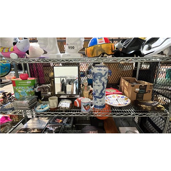 SHELF LOT ASSORTED ITEMS INCLUDING SCULPTURES, CERAMIC VASE, CLOCKS AND MORE