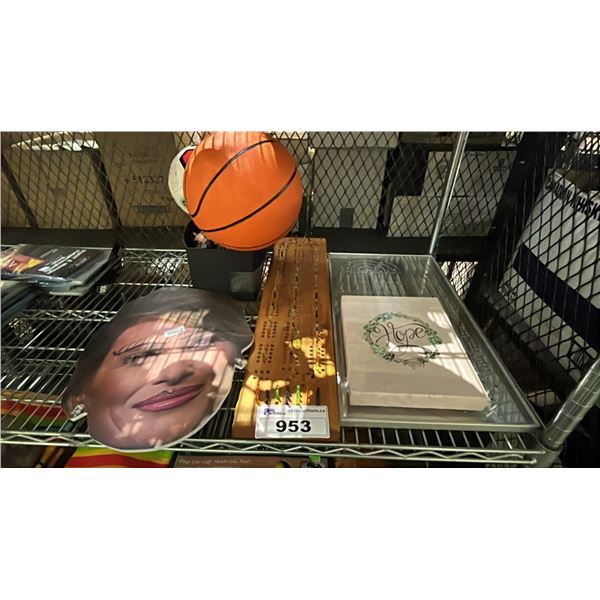 ASSORTED ITEMS INCLUDING CRIBBAGE BOARDS, A BASKETBALL AND MORE