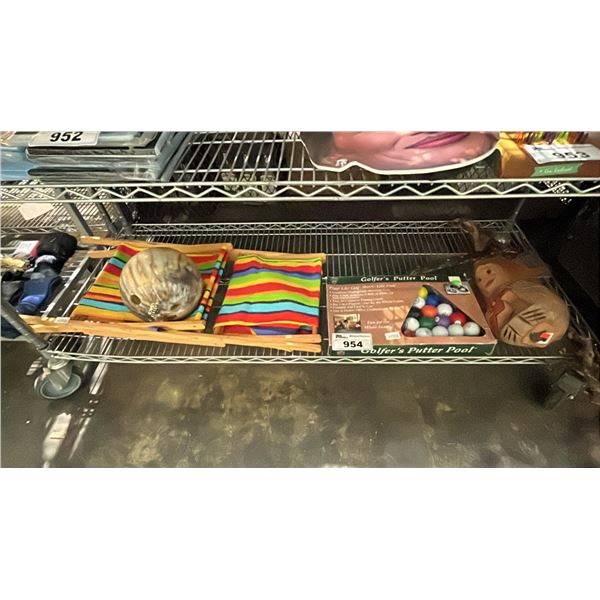 ASSORTED ITEMS INCLUDING GOLFER'S PUTTER POOL , WOODEN CARVINGS, KIDS FOLDING CHAIR AND MORE