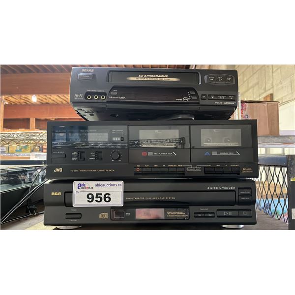 VINTAGE RCA 5-DISC CD CHANGER, JVC DOUBLE CASSETTE PLAYER AND SEARS VHS PLAYER