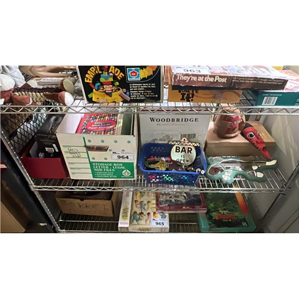 SHELF LOT ASSORTED ITEMS INCLUDING WOODEN CARVINGS, TWISTER AERATOR, STATIONARY ITEMS AND MORE