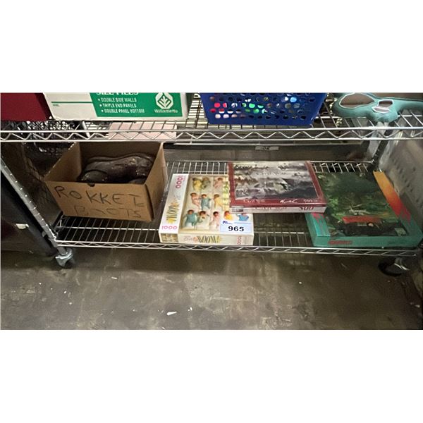 SHELF LOT OF ASSORTED BOARD GAMES AND PAIR OF SHOES