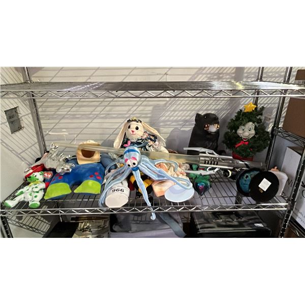SHELF OF ASSORTED PLUSH TOYS , DOLLS AND MORE