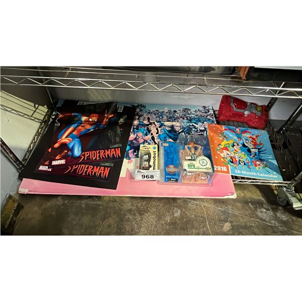 SHELF OF ASSORTED MARVEL POSTERS AND LARRY BARD ACTION FIGURE