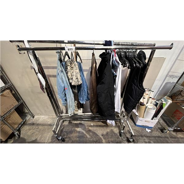 LOT OF 2 CLOTHING RACKS AND ASSORTED CLOTHINGS INCLUDINGS NORTH FACE JACKET, CARGOS AND MORE