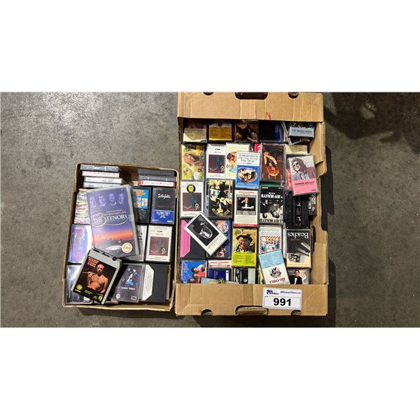 BOX OF ASSORTED CASSETTE TAPES AND 8 TRACK CASSETTES