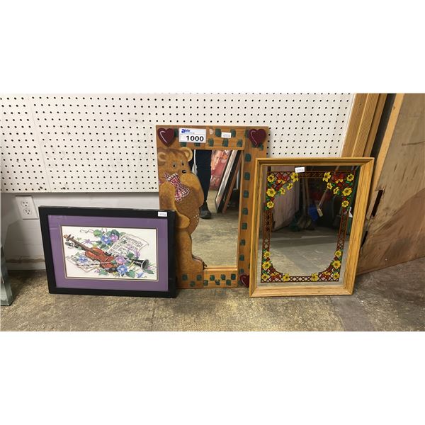 2 ASSORTED MIRRORS AND A FRAMED CROSS STITCH
