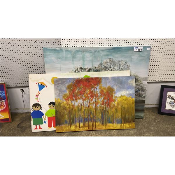 A FABRIC ART AND TWO CANVAS WALL ART