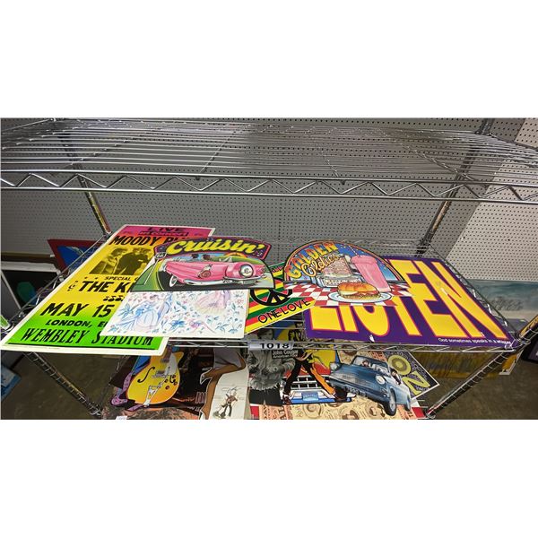 SHELF OF ASSORTED VINTAGE STYLE COLLECTIBLE SIGNS AND POSTERS