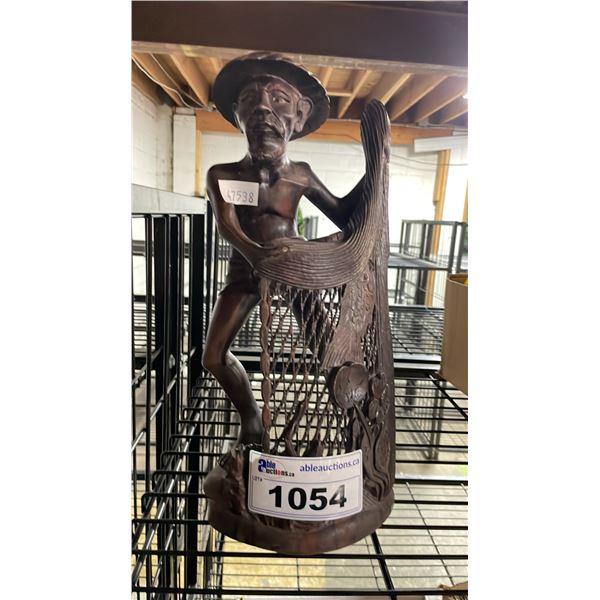 VINTAGE HAND-CARVED WOODEN FISHERMAN STATUE WITH A NET
