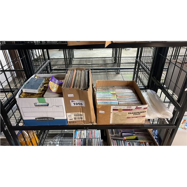 SHELF OF ASSORTED VINYL RECORDS, MAGAZINES, DVD'S AND MORE