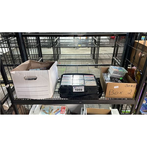 SHELF OF ASSORTED CASSETTE TAPES, CD'S AND A BOX OF EMPTY CASSETTE TAPES, CD CASES