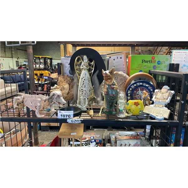 SHELF OF ASSORTED ITEMS INCLUDING DECORATIVE STATUES, FIGURES, CLOCKS AND MORE