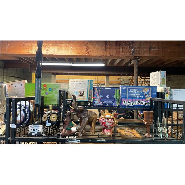 SHELF OF ASSORTED DECORATIVE FIGURES AND WOODEN HAND-CARVED SCULPTURES