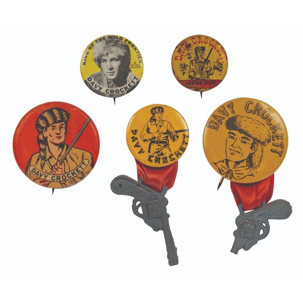 A Collection of 5 Davy Crockett Buttons.