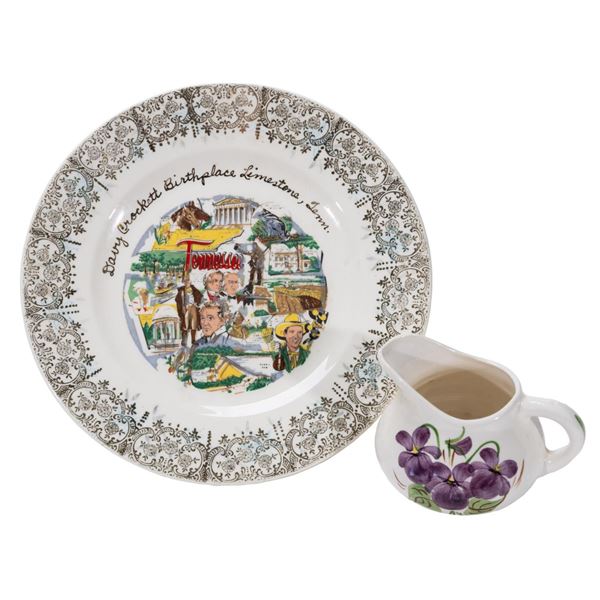 A Davy Crockett Birthplace Plate & Creamer.