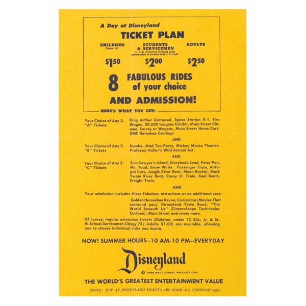 A 1956 Disneyland 8 Rides Ticket Plan Flyer.