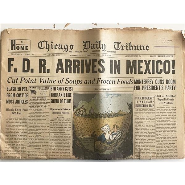 1943 Chicago Daily Tribune - F.D.R Arrives in Mexico - Original Vintage Newspaper