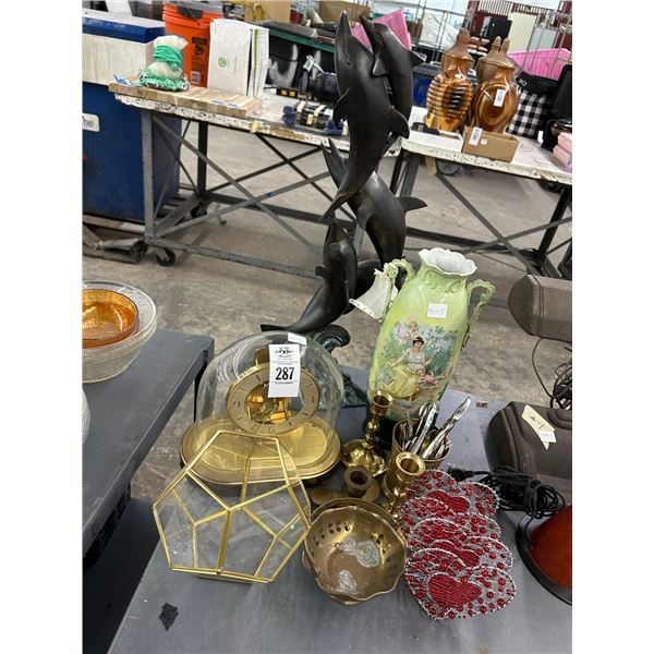 Dolphin Statuary Bronze ?, Desk Clock, Ornate Vase, Clippers, Candlestands,